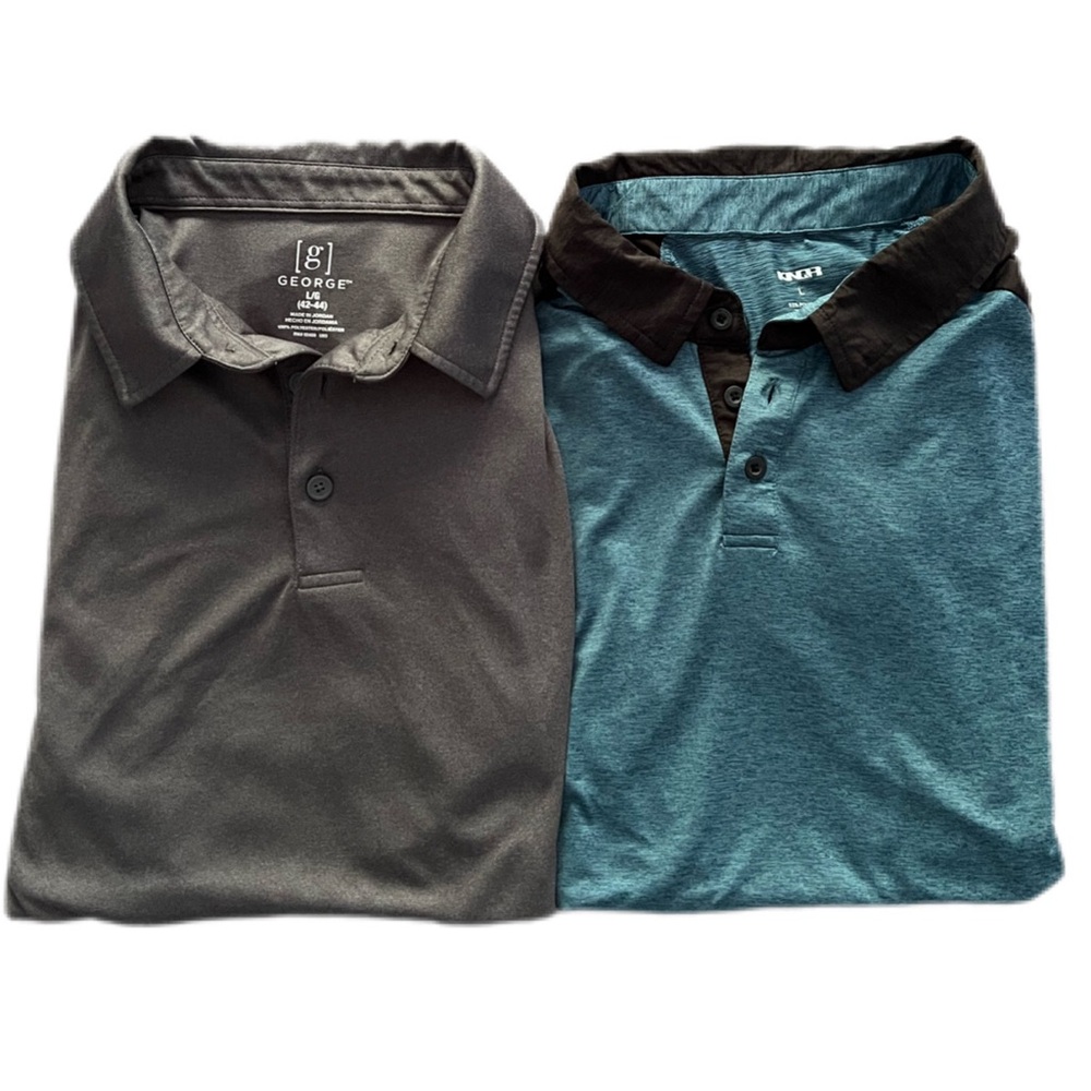 2 Golf athletic polo shirts, Large. Collared, short sleeves. KNQR, George. EUC